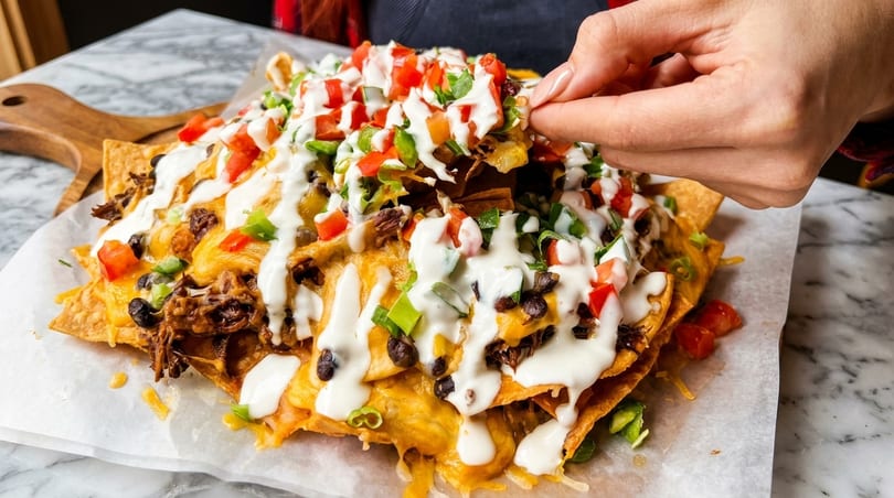 A hand reaches for a chip from a large platter of loaded nachos with cheese, meat, and toppings.