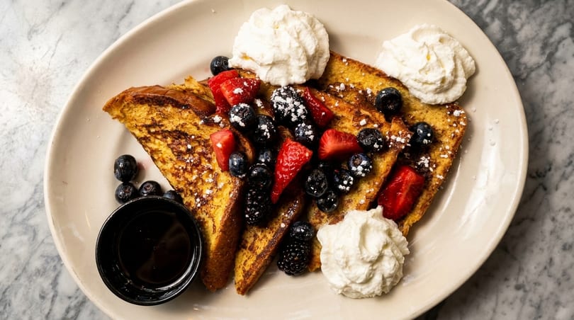 Golden French toast slices topped with fresh berries, powdered sugar, whipped cream, and a side of syrup.